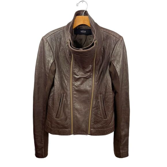 VEDA Brown Max Classic Leather Moto Jacket Size L - Picture 3 of 10